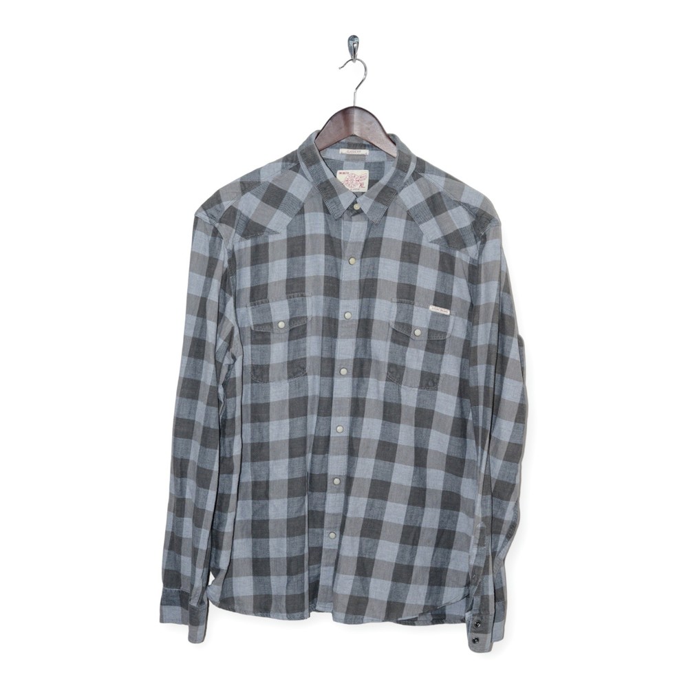 Lucky Brand Western Pearl Snap Classic Fit Flannel Shirt Gray Plaid Men's XL
